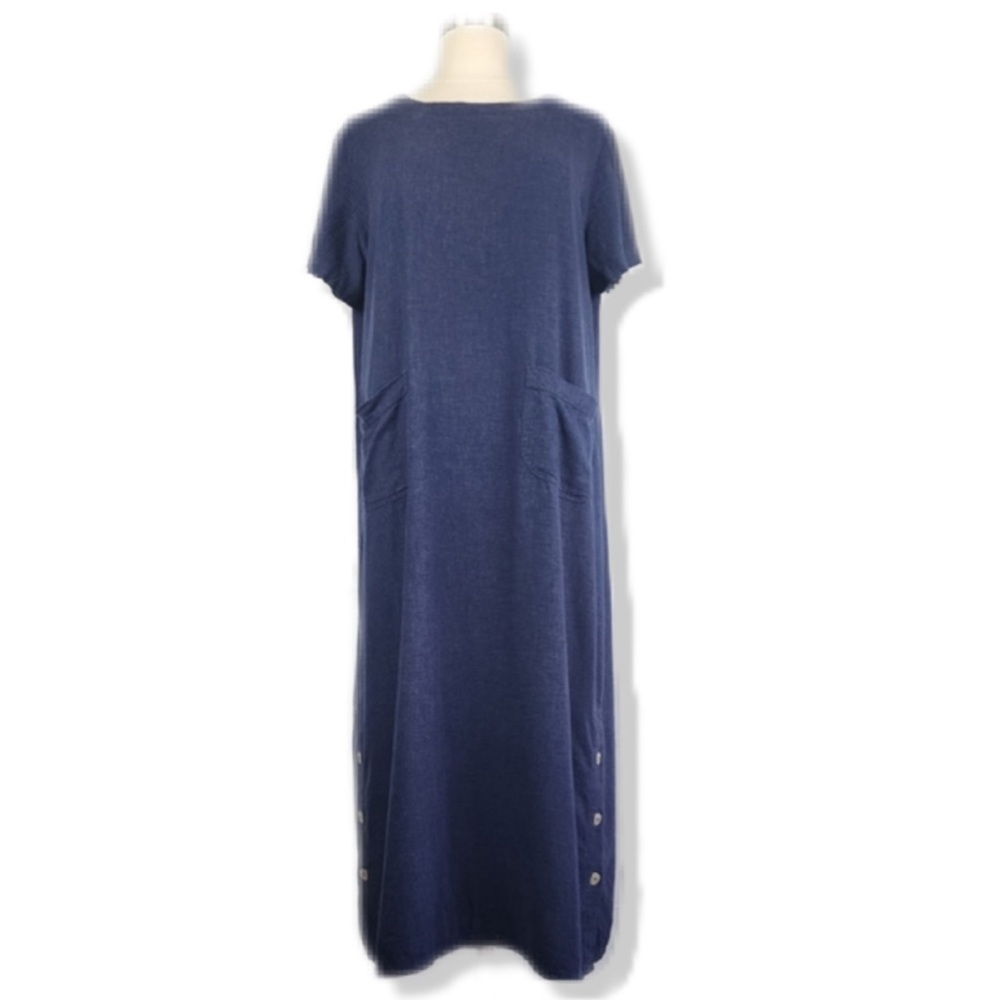 Vintage 90’s Navy Blue Lagenlook Linen Blend Pinafore T Shirt Midi Dress M